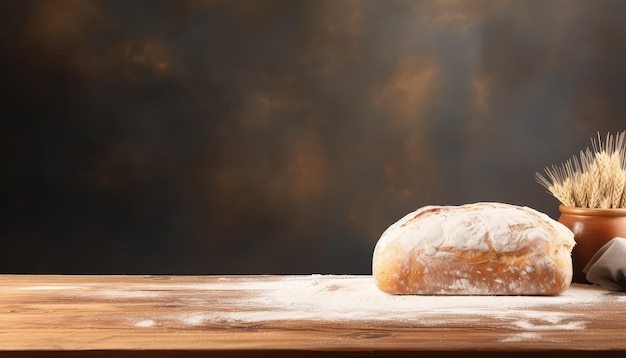 Um pão está sentado em uma mesa de madeira com uma tigela de farinha ao lado