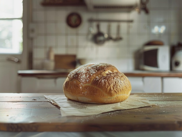 Um pão está sentado em uma mesa em uma cozinha o pão é coberto de açúcar e ele é recém-cozido a cozinha está bem equipada com um forno de microondas e torradeira