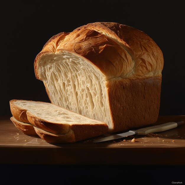 um pão está sobre uma mesa de madeira com uma faca e uma faca.