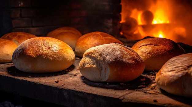 Um pão fresco assado dentro do forno de fogo detalhado