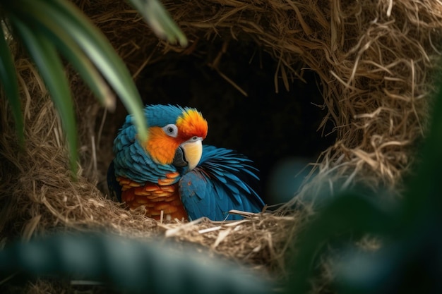 Um papagaio azul e amarelo senta-se em um ninho.