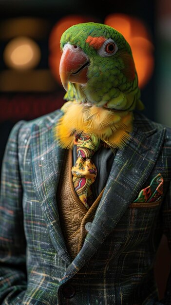 Um papagaio bem vestido com um terno de tweed vintage e uma gravata colorida criando uma aura