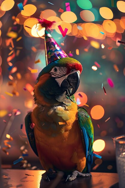 Um papagaio bonito e amigável usando um chapéu de festa chique celebrando em estilo em uma festa de luxo com elegantes luzes bokeh e uma explosão de confete de papel ao redor
