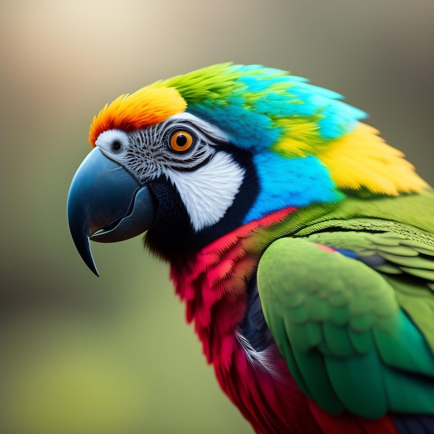 Um papagaio colorido com bico azul e olhos amarelos.