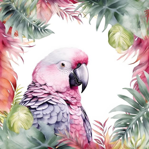 Um papagaio colorido com um bico rosa senta-se em um círculo de folhas.