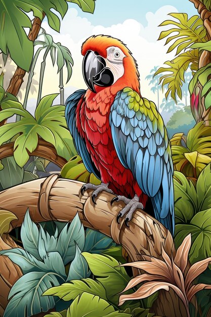 um papagaio colorido com um bico vermelho e folhas verdes