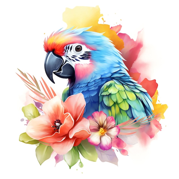 Um papagaio colorido com um clipart de pintura em aquarela de fundo de flor tropical