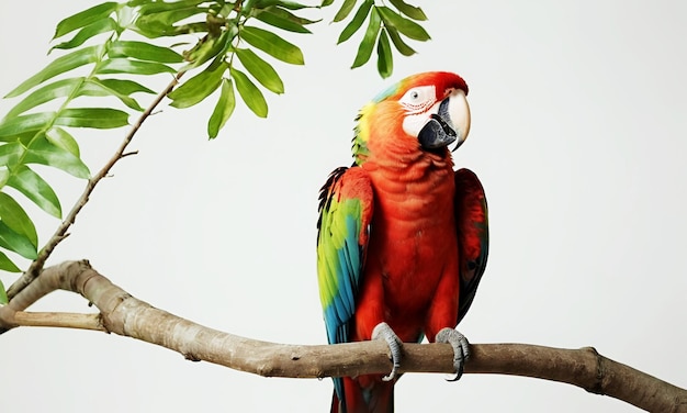 Um papagaio colorido com um fundo branco de galho de árvore