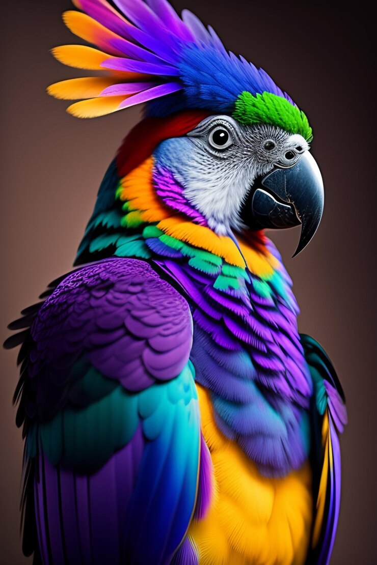Foto um papagaio colorido com uma cabeça preta e amarela e uma pena preta e branca.