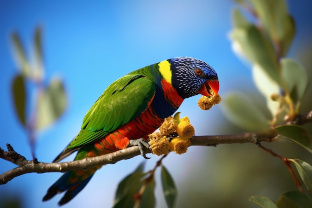 Um papagaio colorido com uma fruta no bico