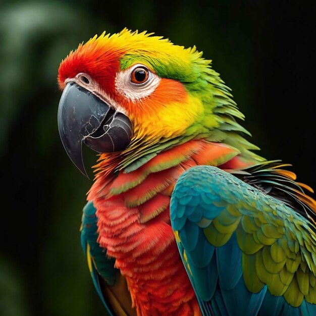 Foto um papagaio colorido com uma pena verde e vermelha na cabeça