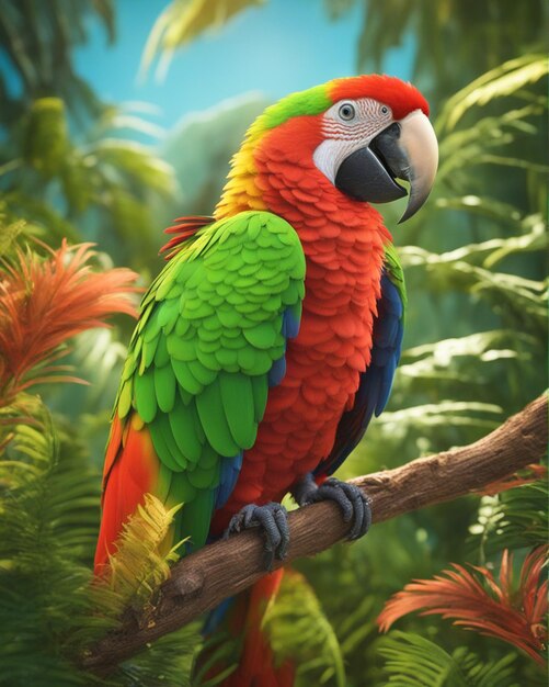 Foto um papagaio colorido em um galho com um fundo limpo e borrado da selva
