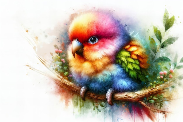 Foto um papagaio colorido está empoleirado em um galho