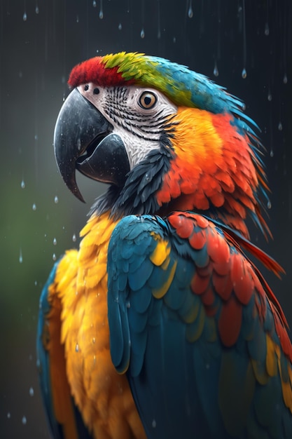 Um papagaio colorido na chuva