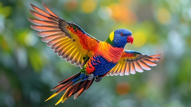 Um papagaio colorido no ramo de uma grande árvore na selva