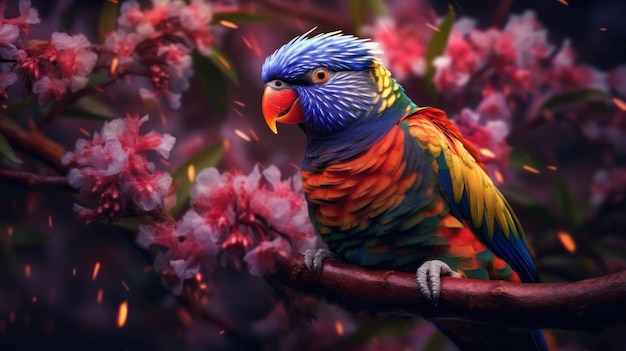 Um papagaio colorido senta-se em um galho com flores cor de rosa.