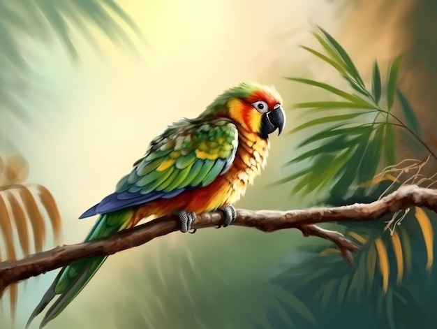 Um papagaio colorido senta-se em um galho na selva.