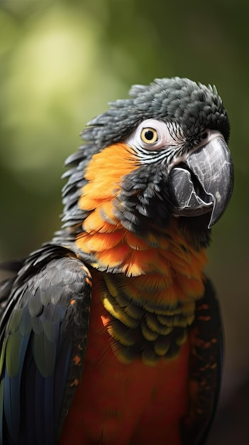 Um papagaio com bico amarelo e penas vermelhas está sentado em frente a um fundo verde.