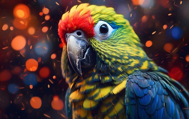 Um papagaio com cabeça vermelha e penas amarelas