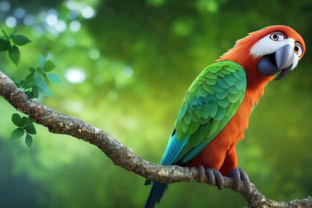 Um papagaio com penas brilhantes senta-se em um galho no contexto das árvores verdes ilustração 3d