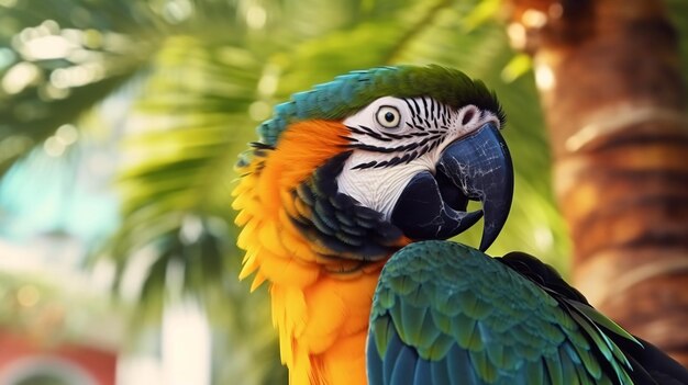 Um papagaio com um rosto amarelo e azul senta-se em uma palmeira.