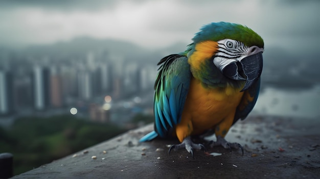 Um papagaio com um rosto azul e amarelo está sentado em uma borda em frente a uma paisagem urbana.