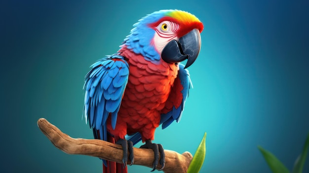Um papagaio em um galho com fundo azul.