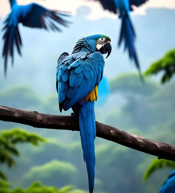 Foto um papagaio está empoleirado em um ramo com muitos pássaros azuis