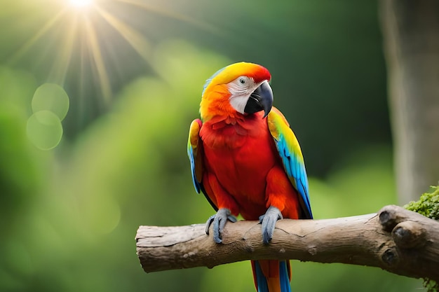Um papagaio está sentado em um galho com o sol brilhando sobre ele.