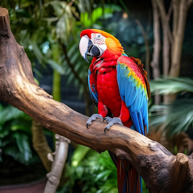 Um papagaio está sentado em um galho em um cenário tropical.