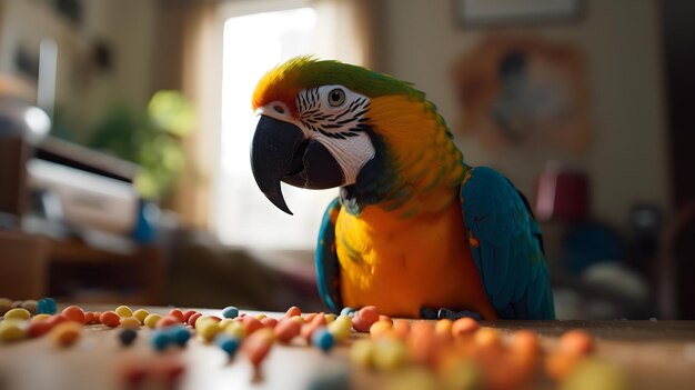 Um papagaio está sentado em uma mesa com uma pilha de doces coloridos.