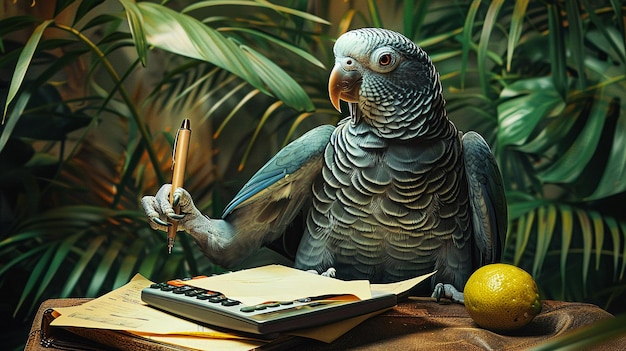 Um papagaio pensativo em um terno de negócios empoleirado em cima de uma calculadora