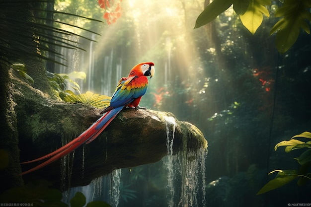 Um papagaio senta-se em um galho em uma selva com o sol brilhando por entre as árvores.