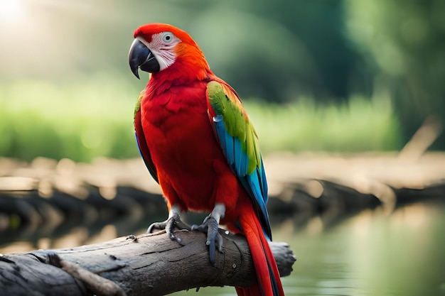 Um papagaio senta-se em um tronco em uma selva.