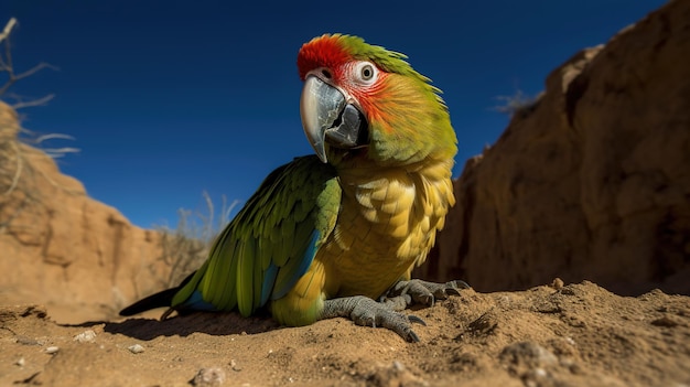 Um papagaio senta-se em uma duna de areia.