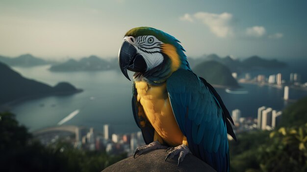 Um papagaio senta-se em uma rocha em frente a uma paisagem urbana.