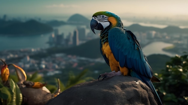 Um papagaio senta-se em uma rocha em frente a uma paisagem urbana.