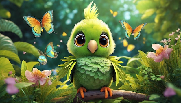 um papagaio verde com borboletas e borboletas no rosto