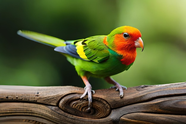 Um papagaio verde e laranja com cabeça amarela e asas verdes.