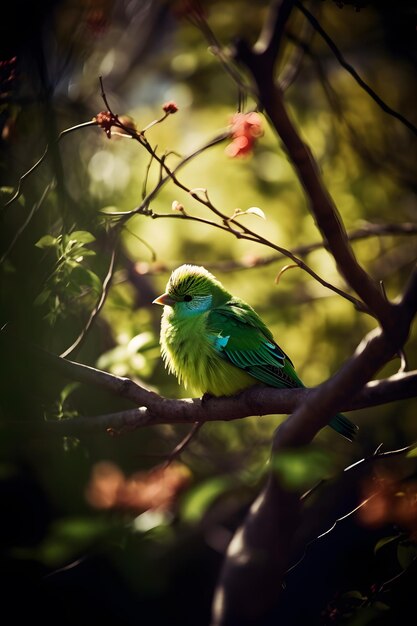 Um papagaio verde senta-se em um galho de uma árvore.