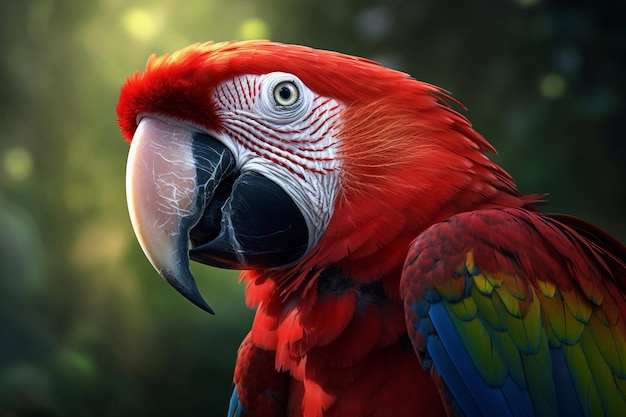 Um papagaio vermelho com bico verde e bico vermelho.