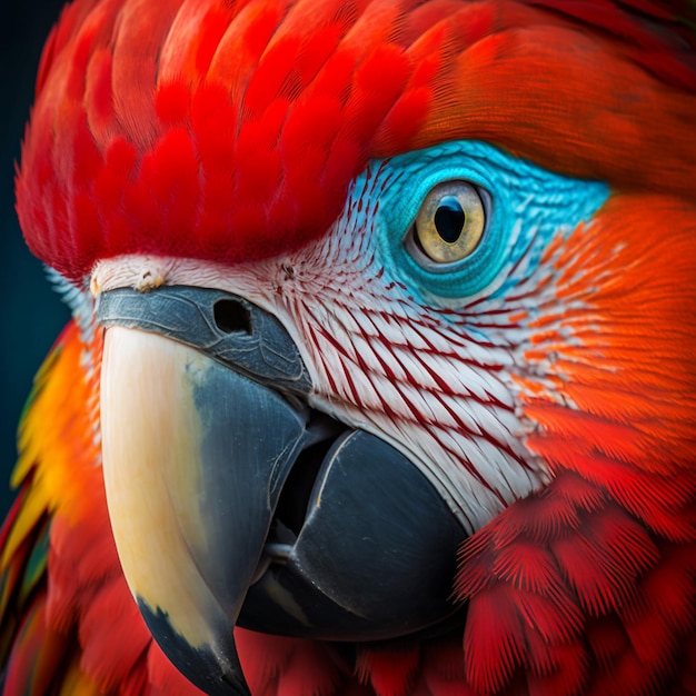 Um papagaio vermelho e azul com rosto branco e olhos azuis