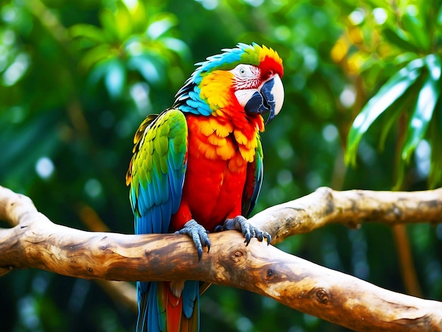 Um papagaio vibrante empoleirado em um galho verde ao ar livre gerado pela IA