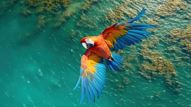 Um papagaio voando no céu com as asas abertas.