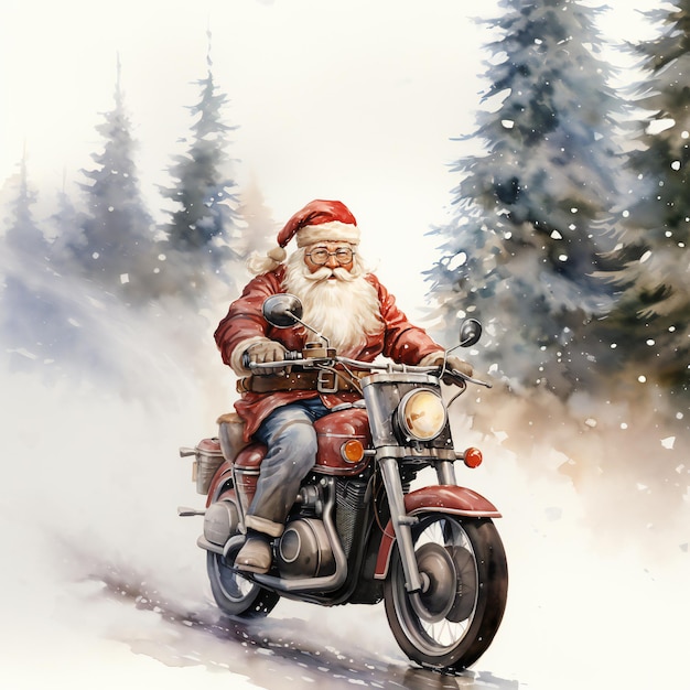 um papai noel anda de moto com um papai noel nas costas.