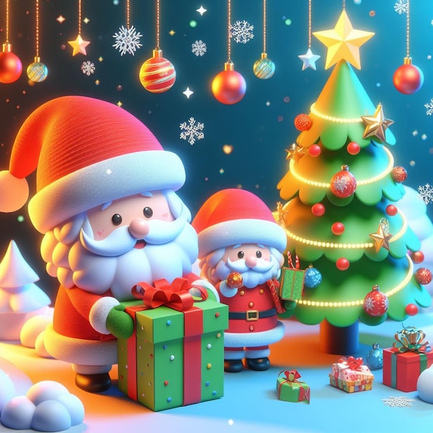 Um Papai Noel está segurando um presente com uma árvore de Natal no fundo