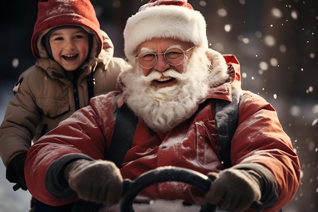 Um Papai Noel moderno e uma menina feliz no Natal.