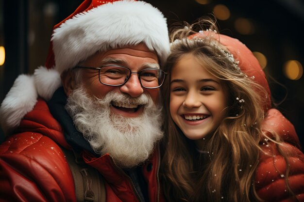 Um Papai Noel moderno e uma menina feliz no Natal.