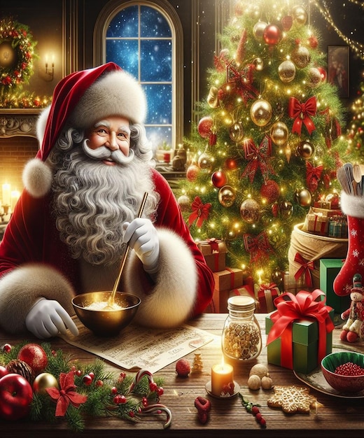 Um Papai Noel sentado em frente a uma árvore de Natal