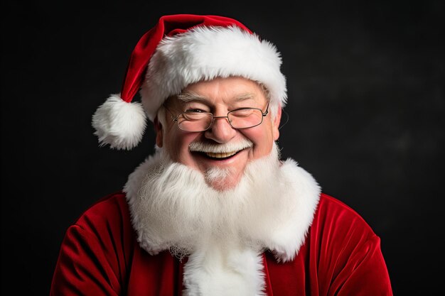 Foto um papai noel sorridente usando óculos e um terno vermelho